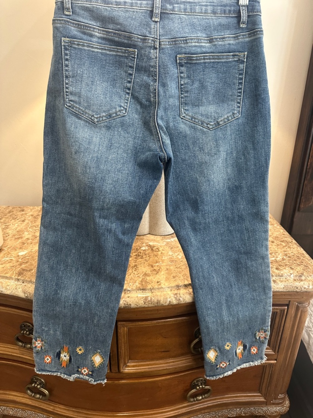 Coldwater Creek Women's Distressed Cropped Embroidered Hem Jeans - Blue - Picture 3 of 5